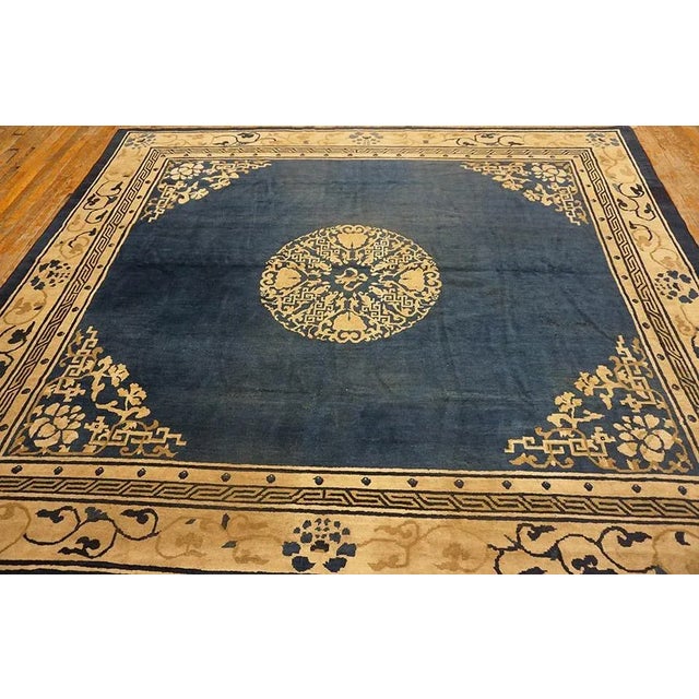 Chinese 1920s Blue Navy Medallion Antique Chinese Peking Rug 8' 4" X 7' Knotted Pile Wool Carpet For Sale - Image 3 of 15
