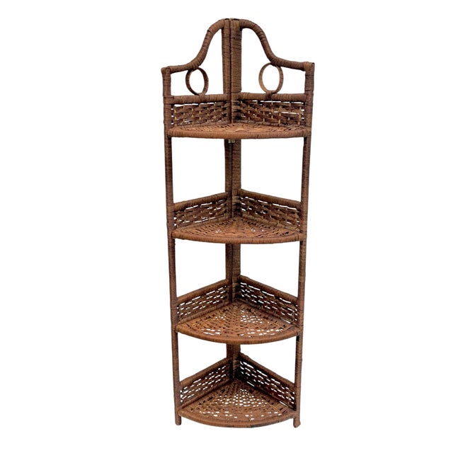 Rustic Vintage 1980s Woven Rattan Folding Corner Shelving Units – Pair | Boho Coastal Étageres For Sale - Image 3 of 18