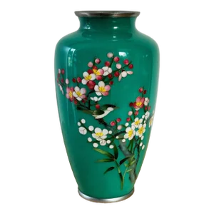 Antique Japanese Cherry Blossom Cloisonne Vase in Teal