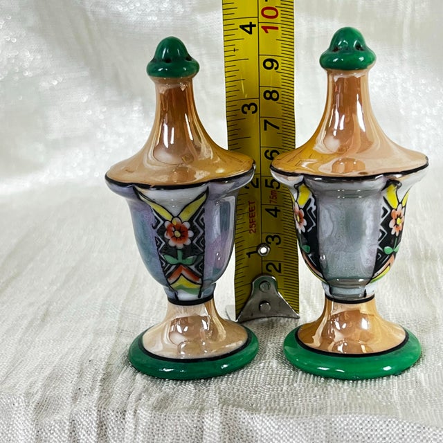 Peach Vintage Japanese Lusterware Salt & Pepper Shakers Set – Hand-Painted Floral Art Deco Form - a Pair For Sale - Image 8 of 8