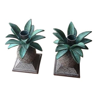 Vintage Metal Palm Tree Candlesticks - a Pair For Sale