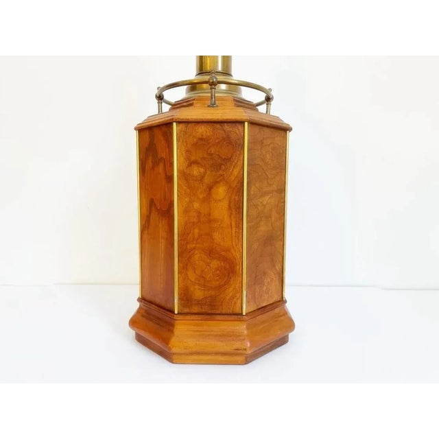 Big solid burl wood column lamp designed by Knob Creek with eight wood panels accented by gold fillets and topped by an...