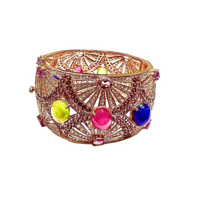 Bochic "Capri" Vintage Ruby, Sapphire & Emerald Cuff Set In 18K Gold & Silver For Sale In New York - Image 6 of 18