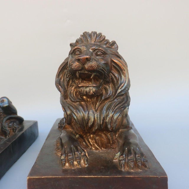 Metal Pair of Antique Brass Recumbent Lions – 11" Library Lions on Rectangular Plinths For Sale - Image 7 of 10