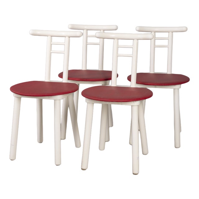 Vintage Italian Chairs in Wood and Red Vinyl, 1980s, Set of 4 For Sale