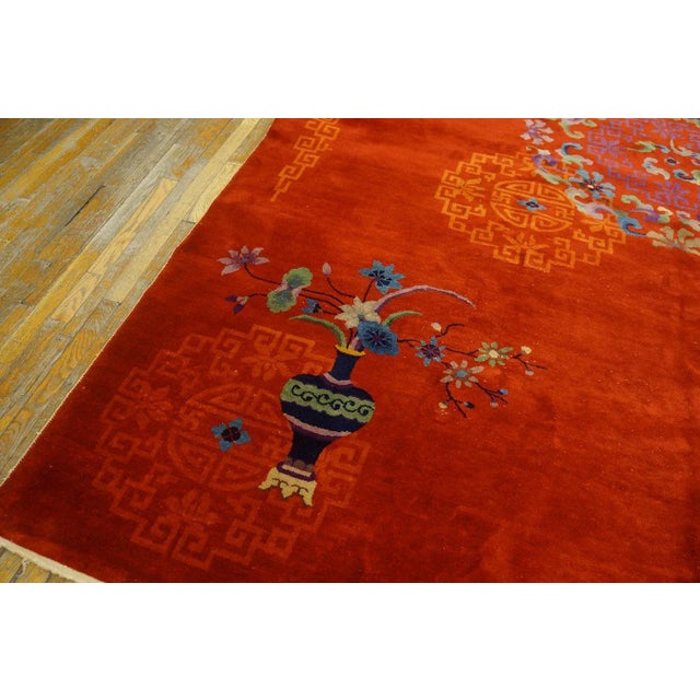 Textile 1920s Ruby Red Vase Medallion Antique Chinese Art Deco Carpet 9' X 12' Knotted Wool Rug For Sale - Image 7 of 11