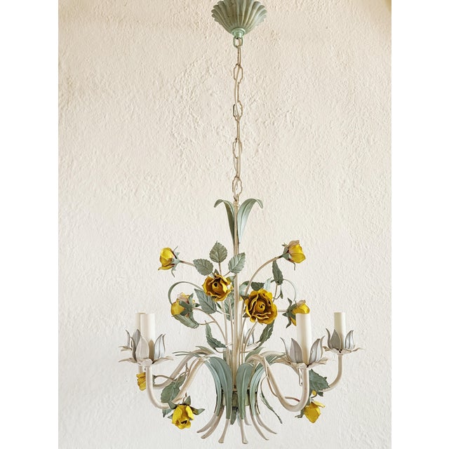 French Vintage Italian Tole Painted Floral Chandelier For Sale - Image 3 of 12