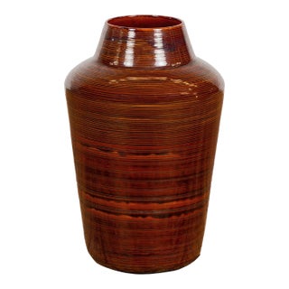 Artisan Brown Glaze Vase with Black Concentric Motifs and Tapering Lines For Sale