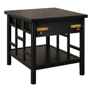 Vintage Modern Black Lacquer Campaign End Table With Brass Hardware For Sale