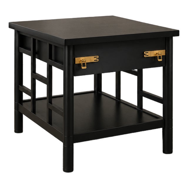 Vintage Modern Black Lacquer Campaign End Table With Brass Hardware For Sale