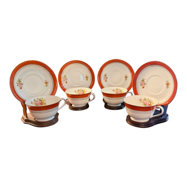 Vintage Noritake M N749 China Tea Cups, Saucers and Wooden Stands Set of 4 ca.1950 For Sale