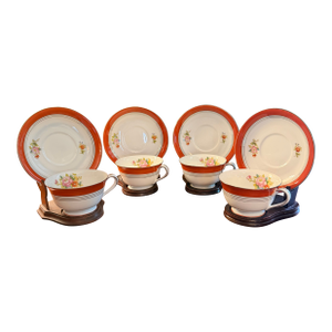 Vintage Noritake M N749 China Tea Cups, Saucers and Wooden Stands Set of 4 ca.1950
