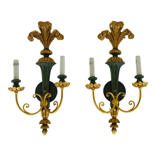 Myran Allan Luxury Lighting Green and Gold Plum Wood Sconces Pair For Sale