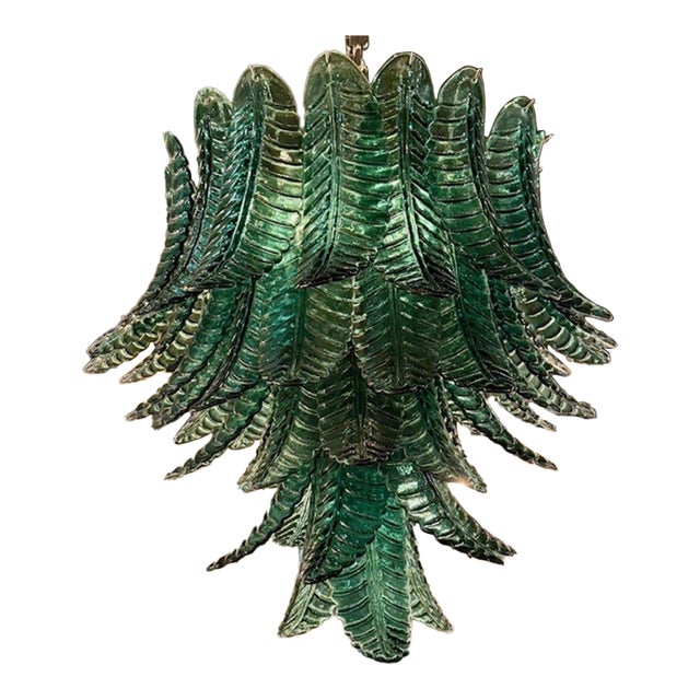 Modern Palm Leaf Dark Green Murano Glass Waterfall Chandelier For Sale