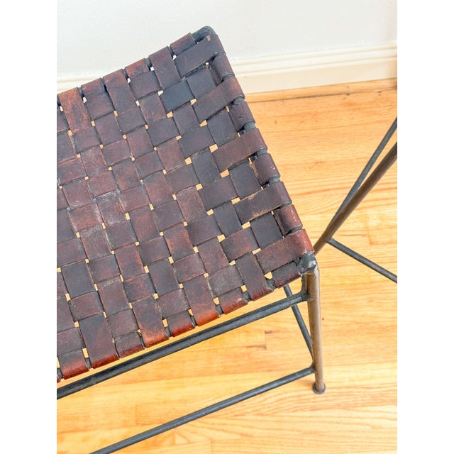 French Mid Century Industrial Style Brown Woven Leather and Iron Counter Stools After Lila Swift and Donald Monell For Sale - Image 9 of 18