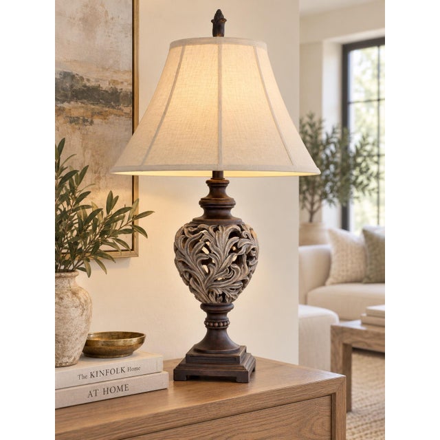 Vintage Transitional Pierced Acanthus Urn Table Lamp With Natural Linen Shade For Sale In Los Angeles - Image 6 of 6