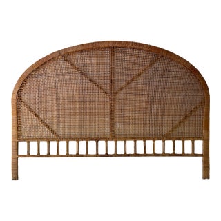 1970’s Mid-Century Boho Coastal Bamboo & Rattan Arched King Headboard For Sale