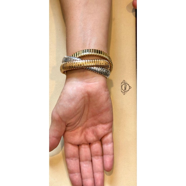 Estate " H Gold" Tri Color Interwoven Rolling Stretch Bracelet 18YG, RG, WG 87Gm For Sale - Image 11 of 18
