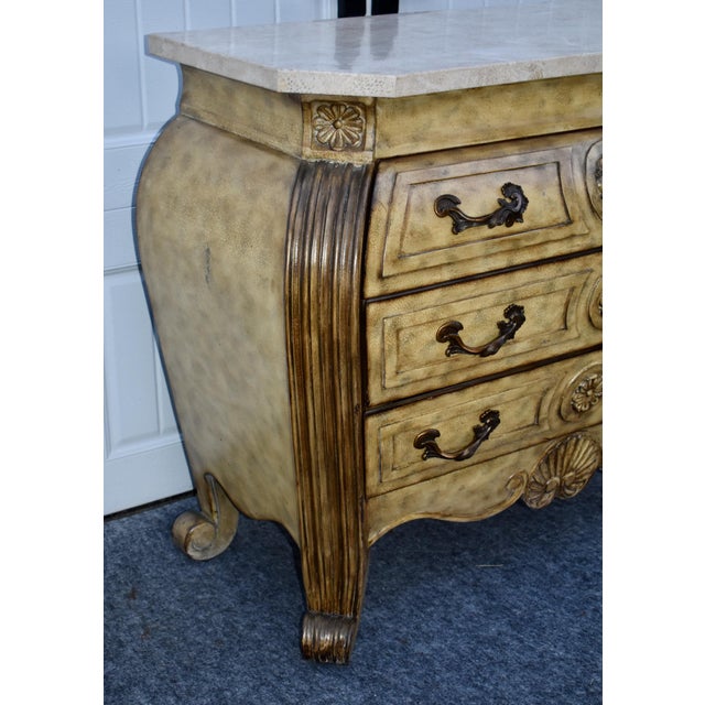 Wood Marble Top Chest French Baroque Style Bombay Commode Carved 3 Drawer 90's For Sale - Image 4 of 18