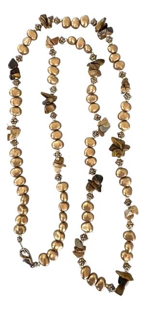Vintage Gold Freshwater, Pearl and Tiger’s Eye Necklace 30”