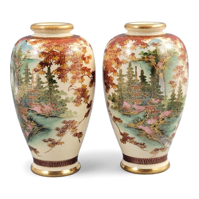Kyoto Satsuma Landscape Vases, Set of 2 For Sale - Image 4 of 14