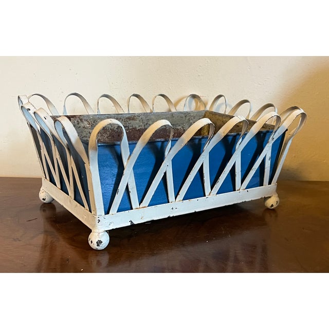 1930's White Painted Zinc Basketweave Cachepot Planter or Jardiniere With Blue Tole Liner on Ball Feet For Sale - Image 4 of 14