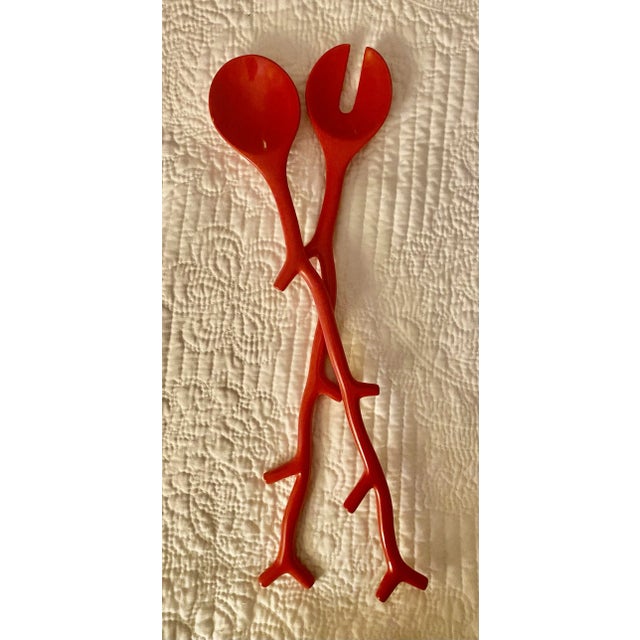 Nautical Nautical Coastal Red Lacquered Coral Salad Serving Set For Sale - Image 3 of 4