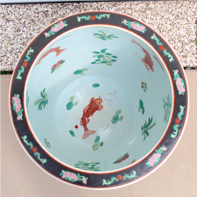 Wood Large Antique Chinese Famille Noire Porcelain Fishbowl Jardinière With Wood Stand, C. 1920–1950 For Sale - Image 7 of 17