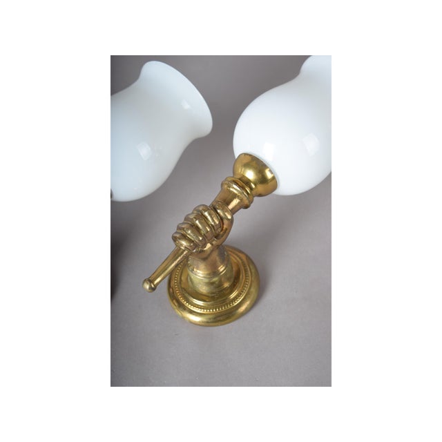 1950s Mid-Century Brass and Opaline Glass Wall Sconces in the style of André Arbus, France, 1950s, Set of 2 For Sale - Image 5 of 14