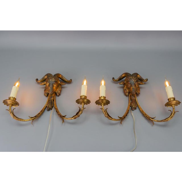 Palladio Gilt Metal and Giltwood Rams Head Two-Light Sconces, 1960s, Set of 2 For Sale - Image 11 of 18