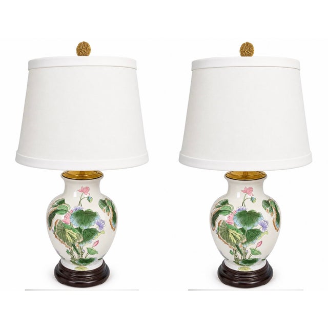 Mid-Century Chinese Export Ceramic Lotus & Floral Table Lamps - Pair For Sale - Image 10 of 10