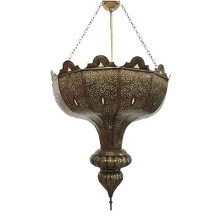 Large Moroccan Moorish Pierced-Brass Chandelier With Glass Insets, Circa 1960 For Sale