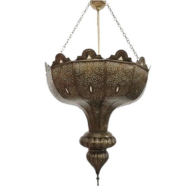 Large Moroccan Moorish Pierced-Brass Chandelier With Glass Insets, Circa 1960 For Sale