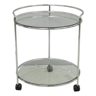 Vintage Mid Century Modern Chrome Round Glass 2 Tier Rolling Bar Cart Side Table For Sale