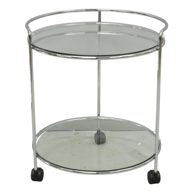 Vintage Mid Century Modern Chrome Round Glass 2 Tier Rolling Bar Cart Side Table For Sale