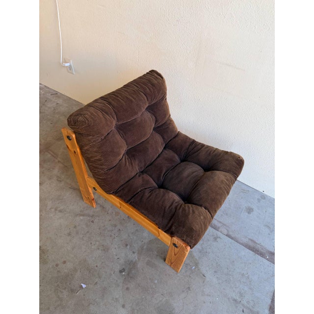 1970s Brutalist Solid Wood Lounge Chair With Corduroy Upholstery 1970s For Sale - Image 5 of 10