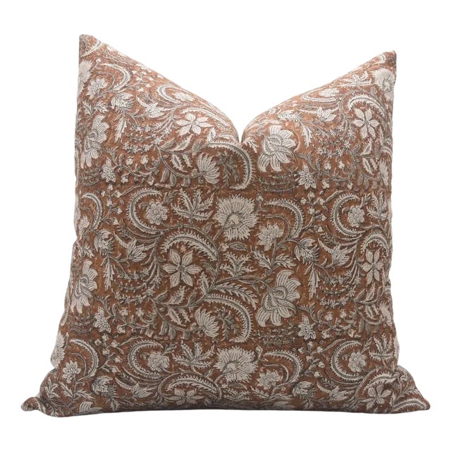 Handmade Block Print Decorative Cushion Cover 14x14 Inch Thick Linen- Kundanvan For Sale