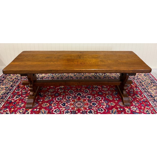 Antique French Country Farm Dining Table Farmhouse Trestle Base Oak 87"w For Sale - Image 12 of 17