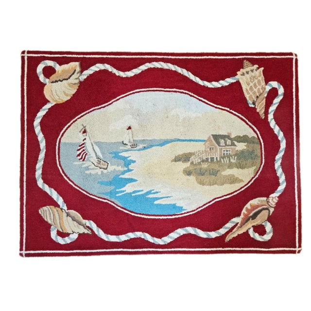 Coastal Claire Murray Design Hand-Hooked Wool Rug, Coastal Scene With Sailboats and Seashells For Sale - Image 3 of 15