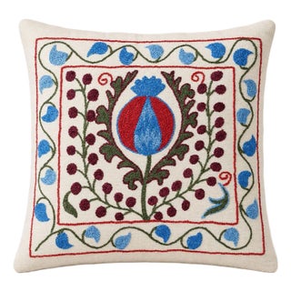 18"x19" Embroidered Cotton Cushion Cover With Folk Floral Design | Suzani Accent Pillow | Handmade Throw Pillow For Sale