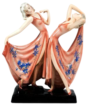 Art Deco Twin Dancers Dolly Sisters attributed to Stephan Dakon for Goldscheider, 1939