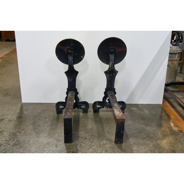 Early to Mid 18th Century Brass Fire Dogs Andirons With Disc Finial a Pair For Sale - Image 4 of 6