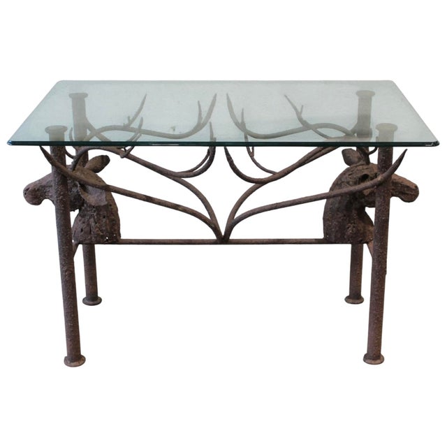 Rustic Iron Sculptural Stag Antler Glass Top Center Table For Sale - Image 3 of 4