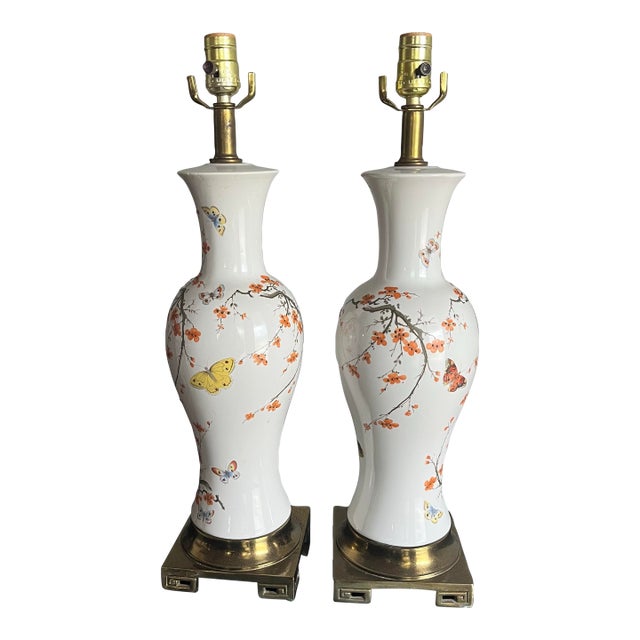 1960's Ceramic Lamps Chinoiserie Cherry Blossom & Butterfly - A Pair For Sale