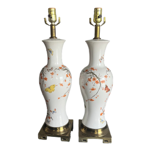 1960's Ceramic Lamps Chinoiserie Cherry Blossom & Butterfly - A Pair