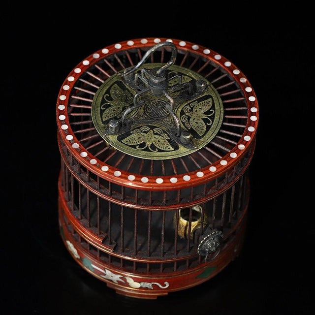 Vintage Chinese Hardwood Inlaid Cricket Cage With Bronze Hook and Feeder For Sale - Image 4 of 9