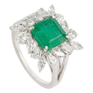 18k Gold 2.85ct Square Emerald & 1.19ct Diamond Cocktail Ring Size 6.5- Heirloom Jewelry For Sale