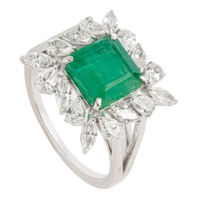 18k Gold 2.85ct Square Emerald & 1.19ct Diamond Cocktail Ring Size 6.5- Heirloom Jewelry For Sale