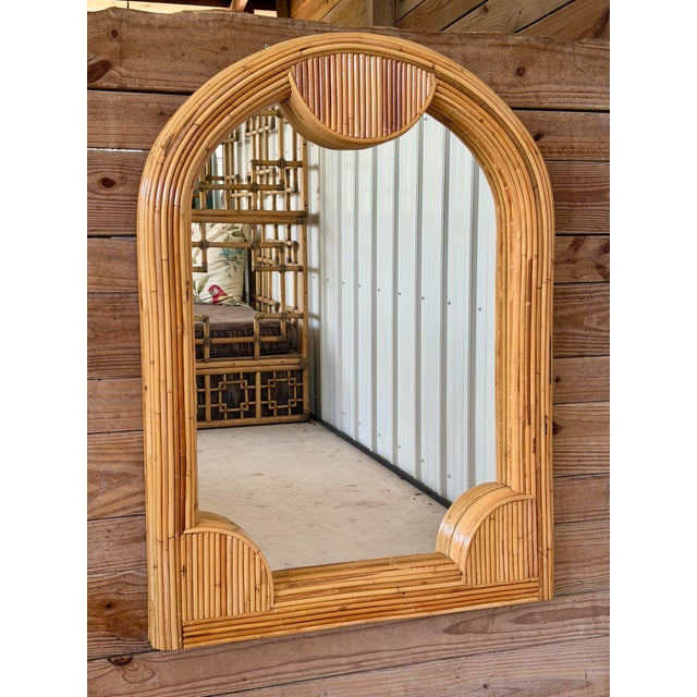 Vintage Coastal Boho Refinished Pencil Reed Rattan Sculptural Arch Wall Mirror For Sale - Image 10 of 12