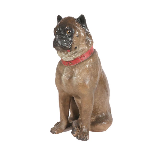 Austrian Cold-Painted Terracotta Model of a Seated Pug Dog With Glass Eyes, Life Size For Sale - Image 4 of 17